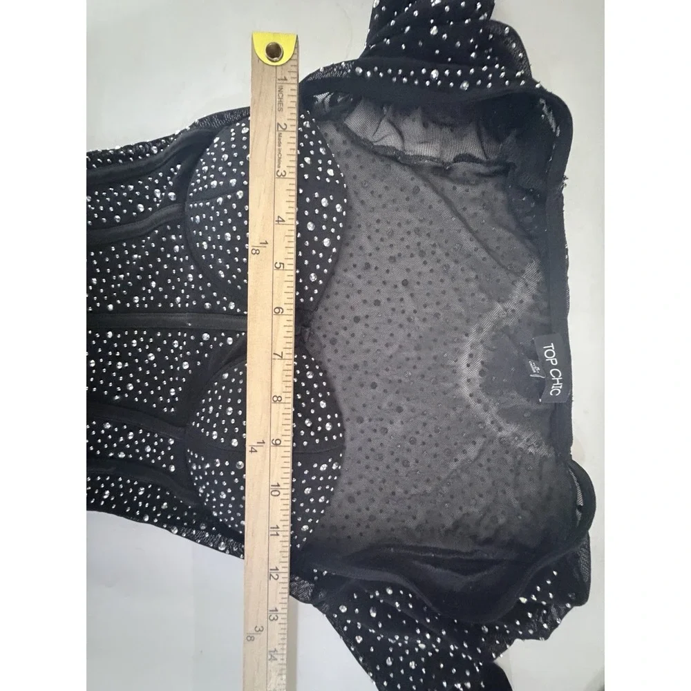 Y2K Black Rhinestone Mesh Corset Mini Dress Small Sheer Bodycon Party‎ Glam